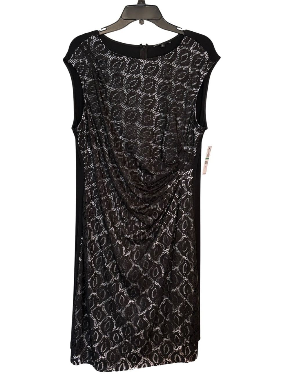 Chaus Black Metallic Lace Ruched Sheath Cocktail Dress Sleeveless Midi Size L - Picture 3 of 8